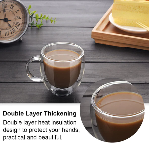 Heat Resistant Double Wall Glass Coffee Mugs , 350 ml , Transparent