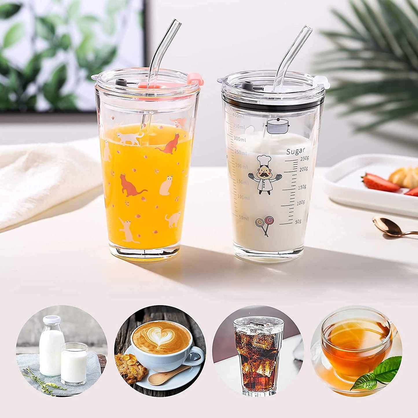 Glass Cup with Lid and Straw