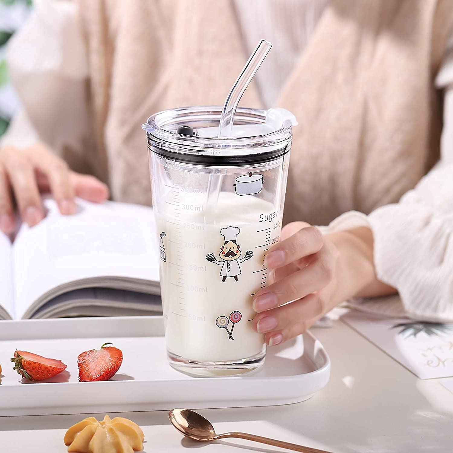 Glass Cup with Lid and Straw