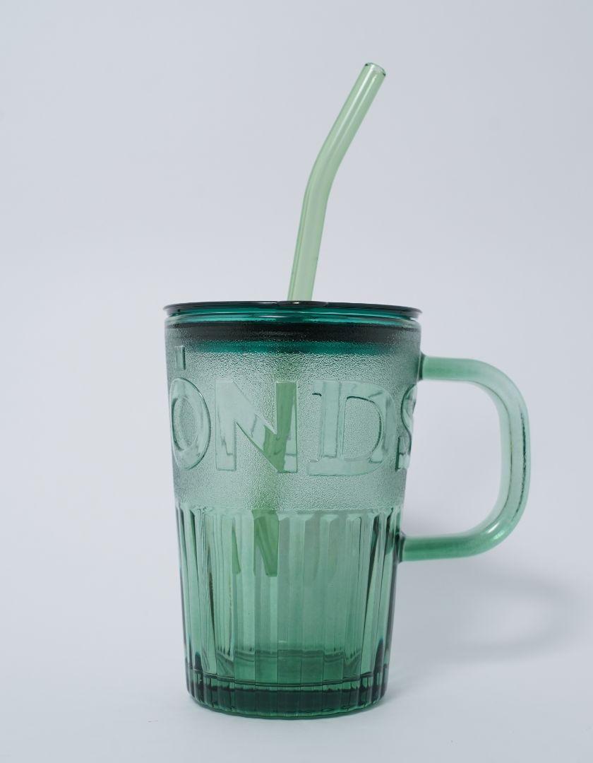 Green Glass Big Sipper With Glass Straw