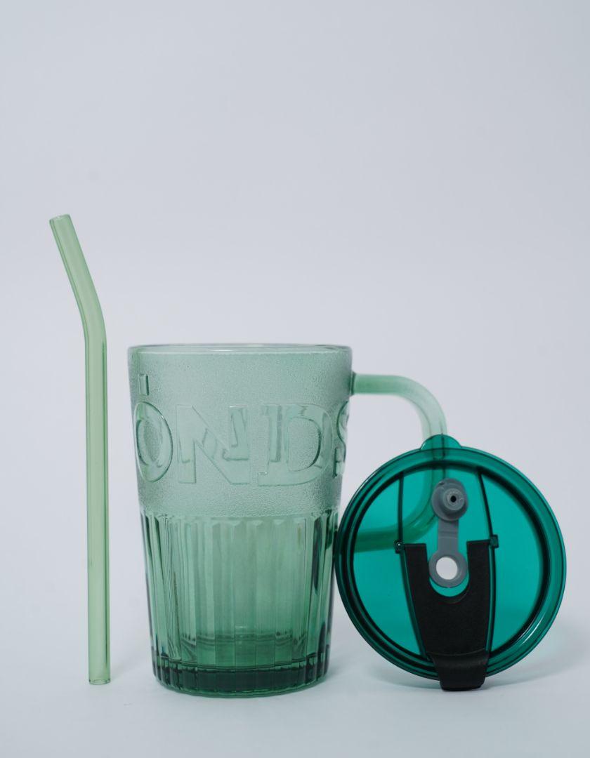 Green Glass Big Sipper With Glass Straw