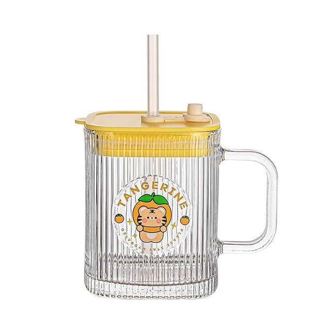 Sipper Mug Lining Handle Square – Unique Design Transparent Can Shape Glass Tumbler with Straw, Lid, for Ice Juice, Milk, Coffee, Green Tea, Latte, Cocoa, and Chocolate