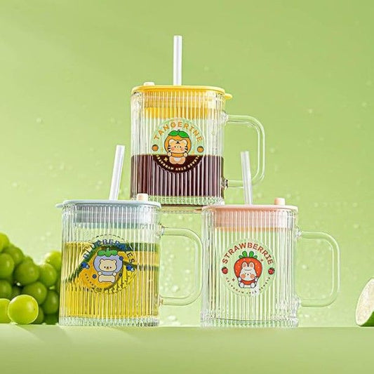 Sipper Mug Lining Handle Square – Unique Design Transparent Can Shape Glass Tumbler with Straw, Lid, for Ice Juice, Milk, Coffee, Green Tea, Latte, Cocoa, and Chocolate