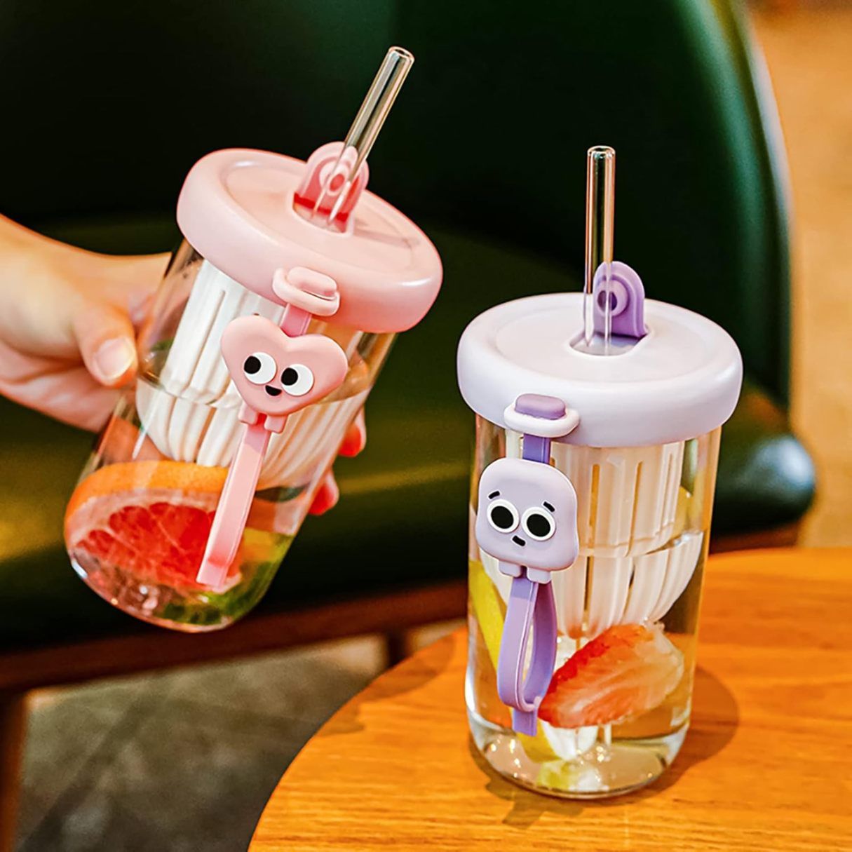Glass Tumbler with Fruit Infuser Lid and Straw Reusable Boba Cup for Smoothies, Iced Coffee - Leak-Proof Sipper