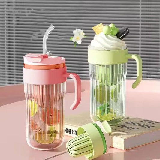 Glass Cup with Tea Infuser lid and Straw Glasses 500ml Drink Tumblers Juice Coffee Mug with Handle