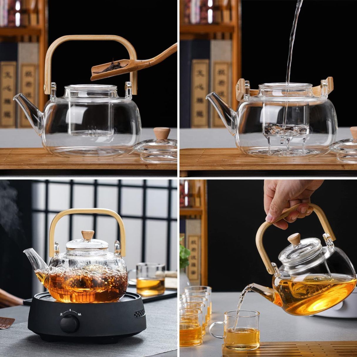 Glass Teapot Kettle with Glass Infuser, Lid & Wooden Heatproof Handle | Stovetop Safe | Perfect for Brewing Blooming
