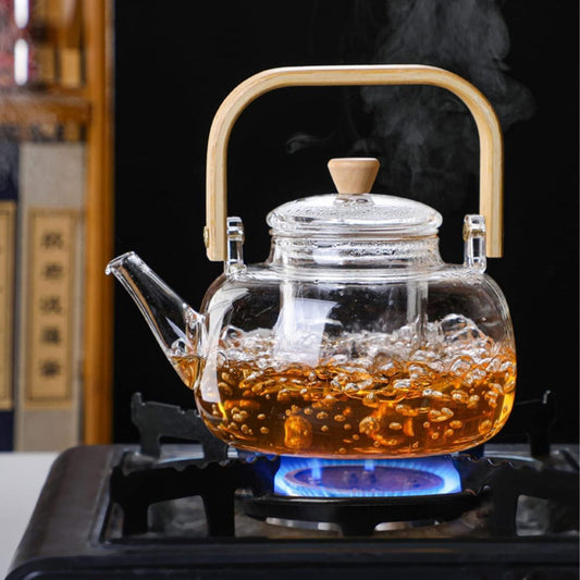 Glass Teapot Kettle with Glass Infuser, Lid & Wooden Heatproof Handle | Stovetop Safe | Perfect for Brewing Blooming