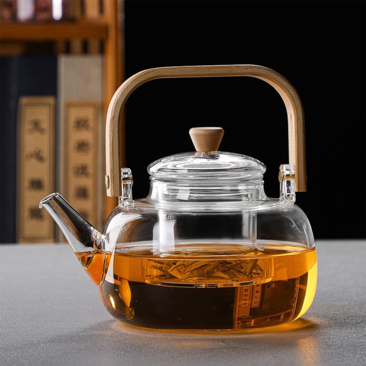 Glass Teapot Kettle with Glass Infuser, Lid & Wooden Heatproof Handle | Stovetop Safe | Perfect for Brewing Blooming