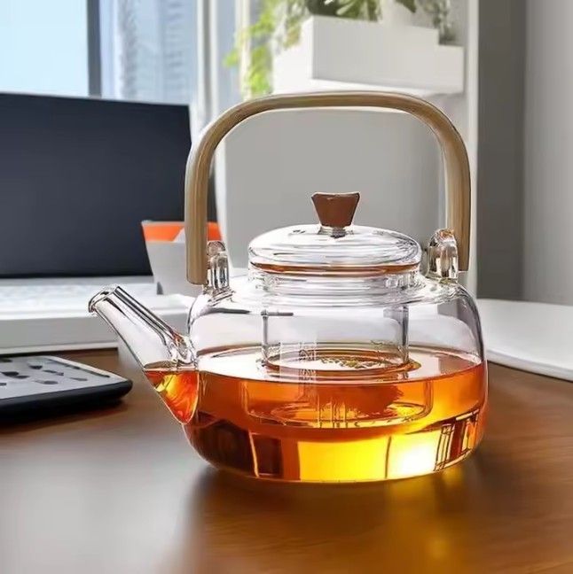 Glass Teapot Kettle with Glass Infuser, Lid & Wooden Heatproof Handle | Stovetop Safe | Perfect for Brewing Blooming