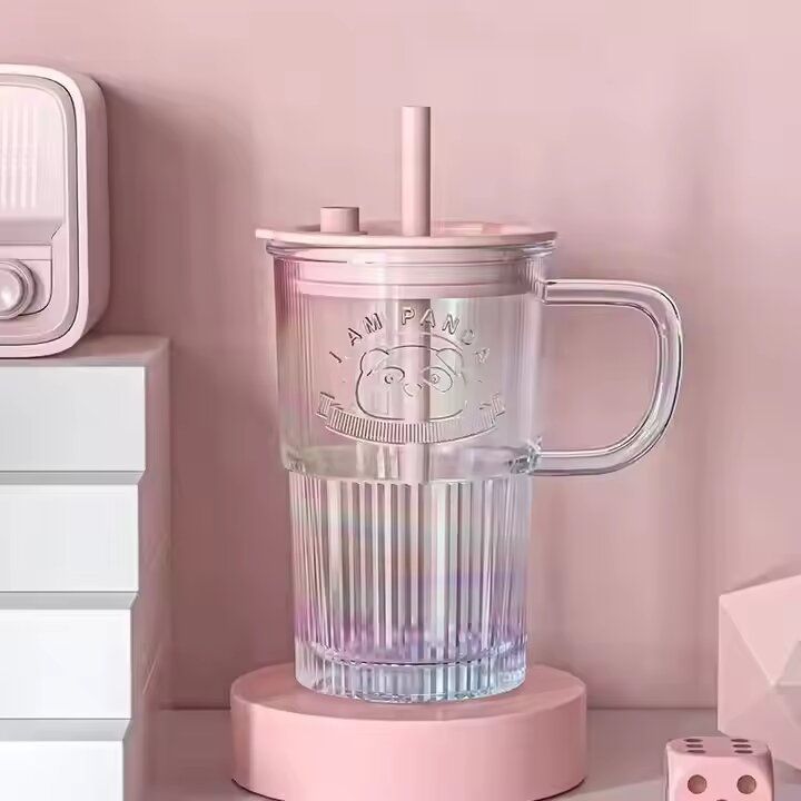 Glass Tumbler with Lid Handle and Straw,Embossed Iced Coffee Cup with Cute Panda Pattern,Striped Colored Smoothie Glasses Mug,Romantic Juice Beverages Drinking Jar