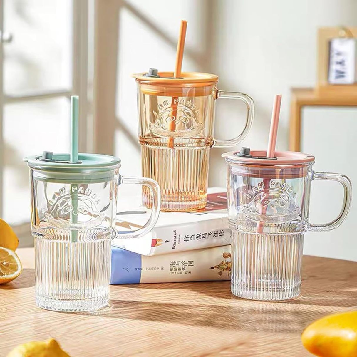 Glass Tumbler with Lid Handle and Straw,Embossed Iced Coffee Cup with Cute Panda Pattern,Striped Colored Smoothie Glasses Mug,Romantic Juice Beverages Drinking Jar