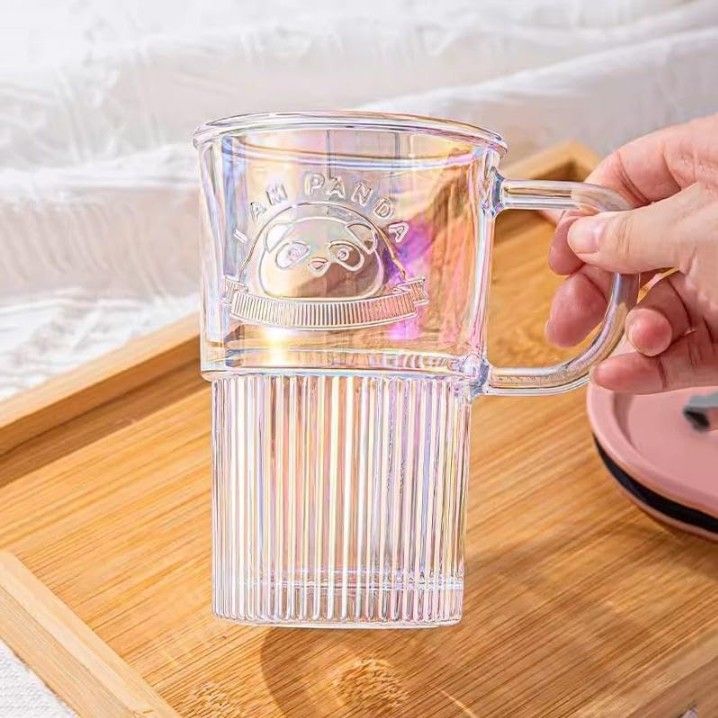 Glass Tumbler with Lid Handle and Straw,Embossed Iced Coffee Cup with Cute Panda Pattern,Striped Colored Smoothie Glasses Mug,Romantic Juice Beverages Drinking Jar