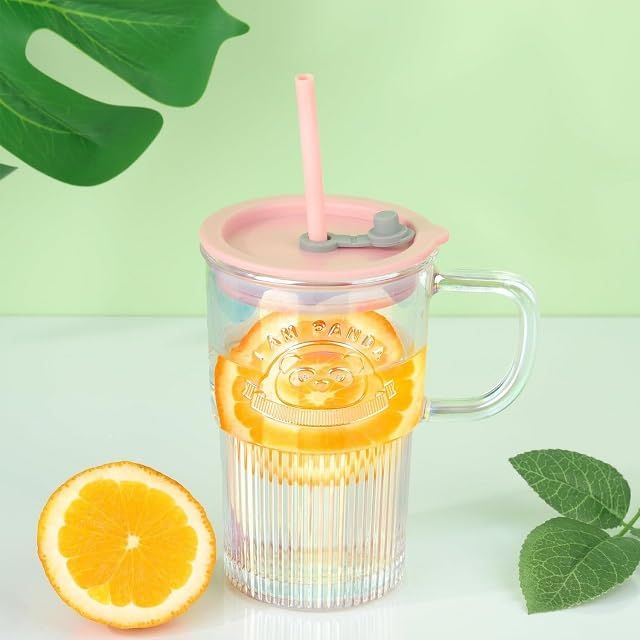Glass Tumbler with Lid Handle and Straw,Embossed Iced Coffee Cup with Cute Panda Pattern,Striped Colored Smoothie Glasses Mug,Romantic Juice Beverages Drinking Jar