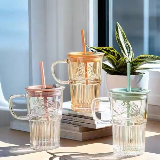 Glass Tumbler with Lid Handle and Straw,Embossed Iced Coffee Cup with Cute Panda Pattern,Striped Colored Smoothie Glasses Mug,Romantic Juice Beverages Drinking Jar