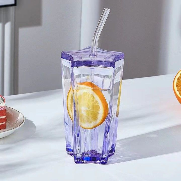 Wholesale Creative Polygon Transparent Glass Cup With Lid Home Office Straw Cup