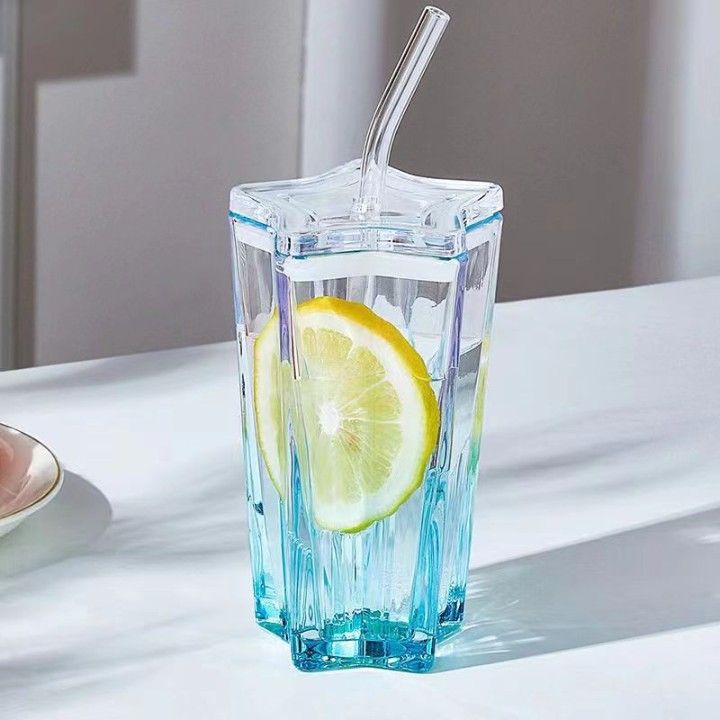 Wholesale Creative Polygon Transparent Glass Cup With Lid Home Office Straw Cup