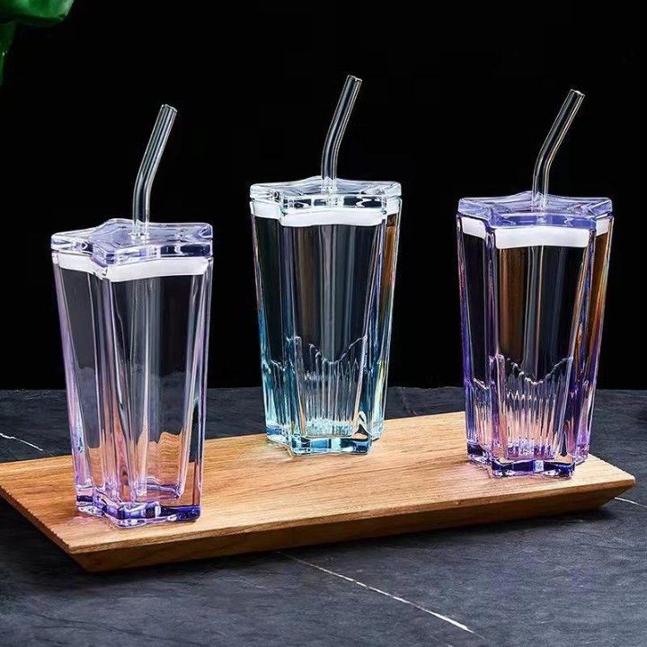 Wholesale Creative Polygon Transparent Glass Cup With Lid Home Office Straw Cup