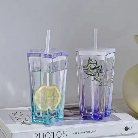 Wholesale Creative Polygon Transparent Glass Cup With Lid Home Office Straw Cup