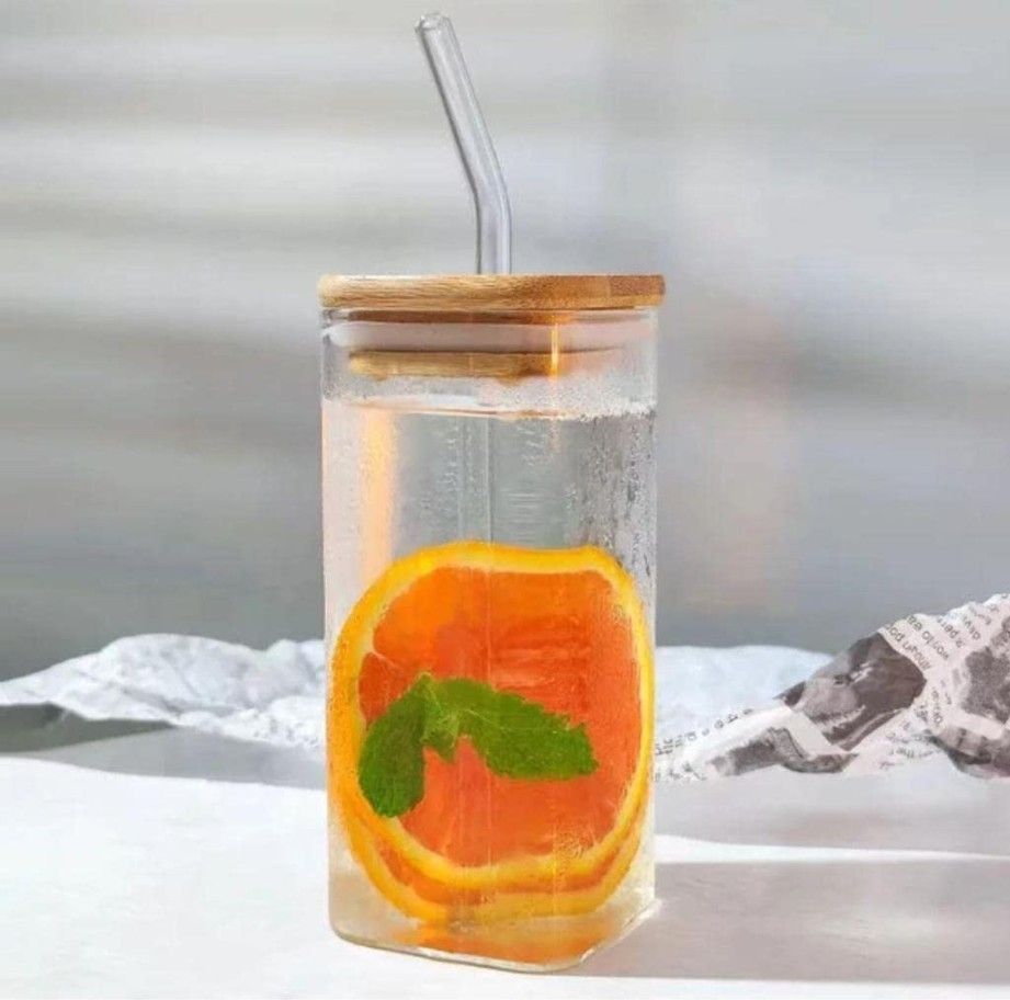 Borosilicate Glass Tumblers and Mason Jars with Bamboo Lids and Glass Straws for Cold Drinks