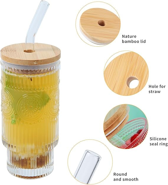 SIPPER GLASS FLORAL EMBOSE WOODEN LID