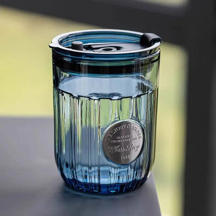 Glass Sipper Dark Blue Cola Cup with Lid & Straw Coffee, Juice, Tea, Cocktail Mug for Home, Office & Travel 350 ML