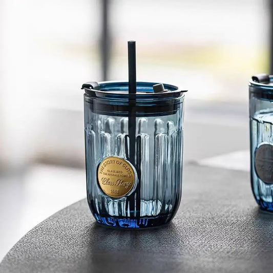 Glass Sipper Dark Blue Cola Cup with Lid & Straw Coffee, Juice, Tea, Cocktail Mug for Home, Office & Travel 350 ML