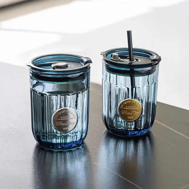 Glass Sipper Dark Blue Cola Cup with Lid & Straw Coffee, Juice, Tea, Cocktail Mug for Home, Office & Travel 350 ML