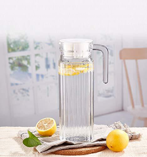Premium Juice and Water Glass Jug Pitcher with lid, 1 Pcs, 1.1-Liter, Iced Tea Pitcher Water Jug Hot Cold Water, Milk and Juice Beverage Carafe, Lemon Jug.
