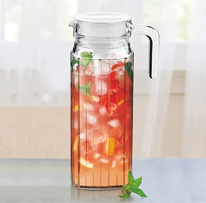 Premium Juice and Water Glass Jug Pitcher with lid, 1 Pcs, 1.1-Liter, Iced Tea Pitcher Water Jug Hot Cold Water, Milk and Juice Beverage Carafe, Lemon Jug.