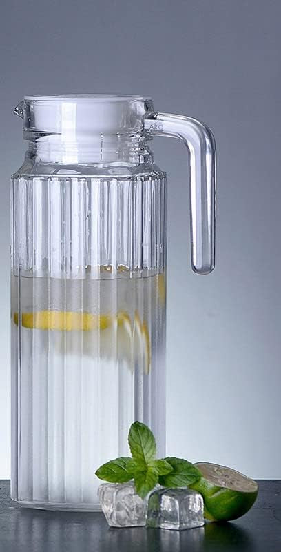 Premium Juice and Water Glass Jug Pitcher with lid, 1 Pcs, 1.1-Liter, Iced Tea Pitcher Water Jug Hot Cold Water, Milk and Juice Beverage Carafe, Lemon Jug.
