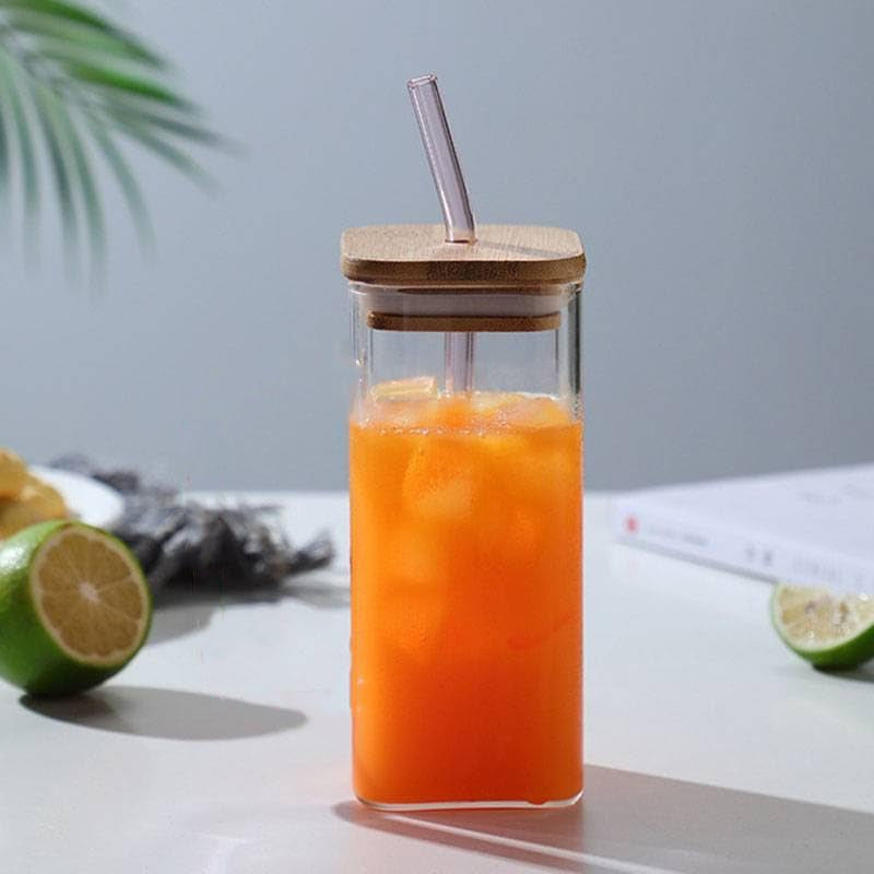 Borosilicate Glass Tumblers and Mason Jars with Bamboo Lids and Glass Straws for Cold Drinks