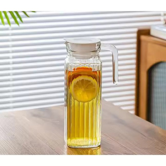 Premium Juice and Water Glass Jug Pitcher with lid, 1 Pcs, 1.1-Liter, Iced Tea Pitcher Water Jug Hot Cold Water, Milk and Juice Beverage Carafe, Lemon Jug.
