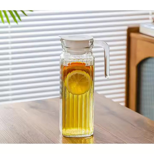 Premium Juice and Water Glass Jug Pitcher with lid, 1 Pcs, 1.1-Liter, Iced Tea Pitcher Water Jug Hot Cold Water, Milk and Juice Beverage Carafe, Lemon Jug.