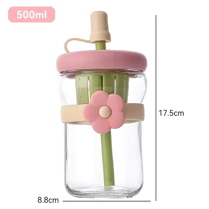 Reusable Glass Water Bottles,Clear Glass Cup Water Bottle | Reusable Drinkware with Straw and Lid, Large Container Jug for Coffee, Tea, Milk, Soda, Juice, Beverage