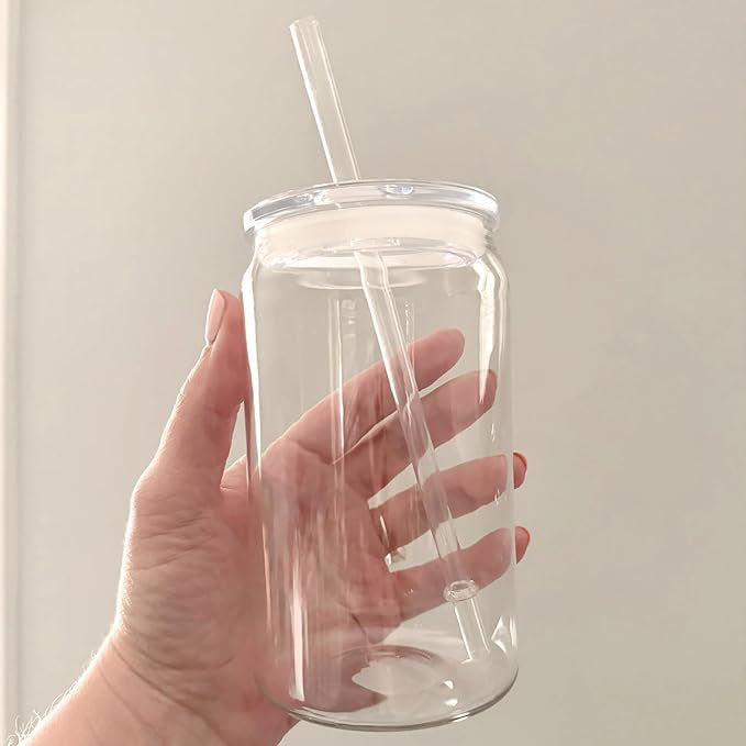 Soda Can Glass Sipper Cup Mug for Kids Fruit Jucie Milk Sipper Tumbler with Lid and Starw -Pack of 1-540ml- Green Tea and Mojito Coffee Can with Starw