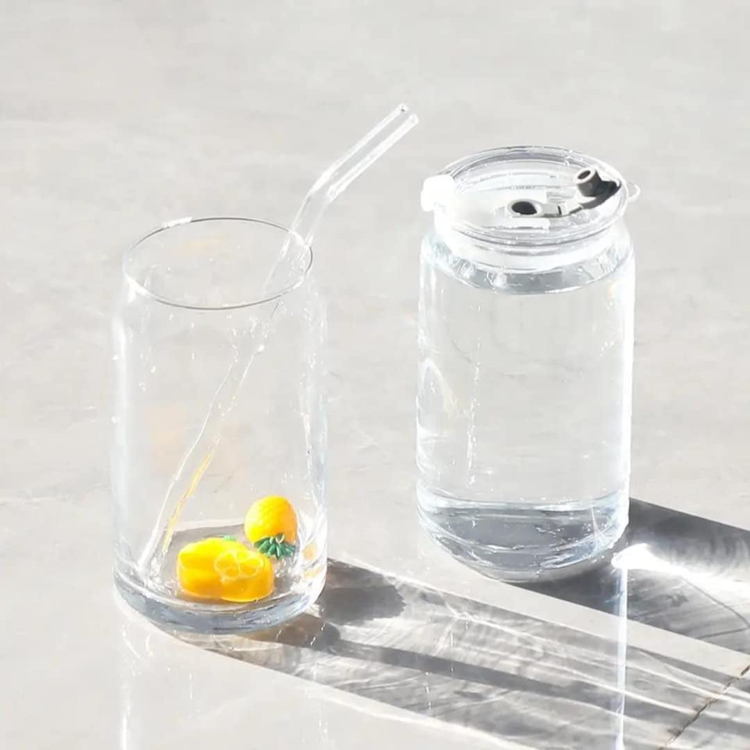 Soda Can Glass Sipper Cup Mug for Kids Fruit Jucie Milk Sipper Tumbler with Lid and Starw -Pack of 1-540ml- Green Tea and Mojito Coffee Can with Starw