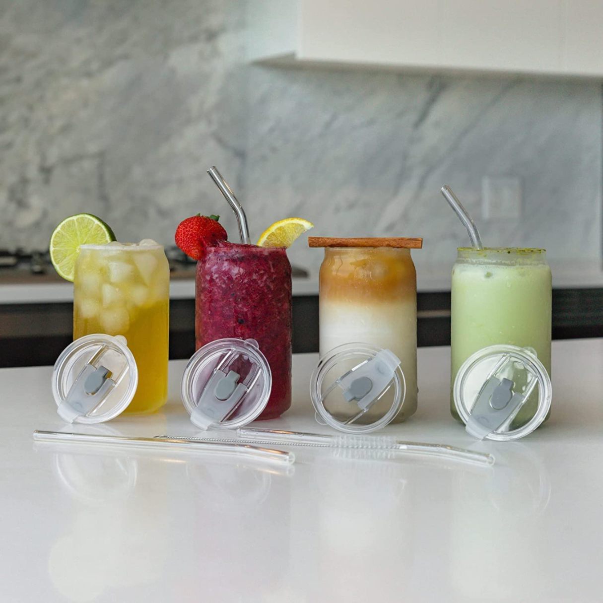 Soda Can Glass Sipper Cup Mug for Kids Fruit Jucie Milk Sipper Tumbler with Lid and Starw -Pack of 1-540ml- Green Tea and Mojito Coffee Can with Starw