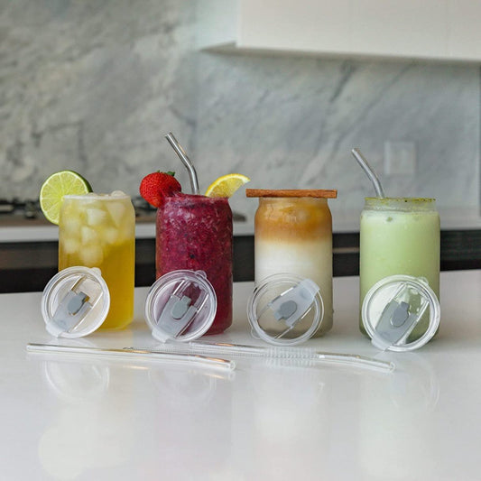Soda Can Glass Sipper Cup Mug for Kids Fruit Jucie Milk Sipper Tumbler with Lid and Starw -Pack of 1-540ml- Green Tea and Mojito Coffee Can with Starw