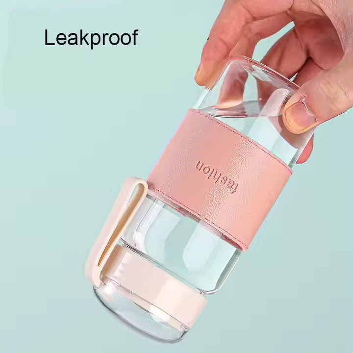 Glass tea bottle 16 oz drinking bottle with Non-Slip holster, and Stainless Tea leak, Leak Proof Lid for School, office, car，home,as a gift
