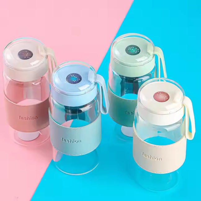 Glass tea bottle 16 oz drinking bottle with Non-Slip holster, and Stainless Tea leak, Leak Proof Lid for School, office, car，home,as a gift