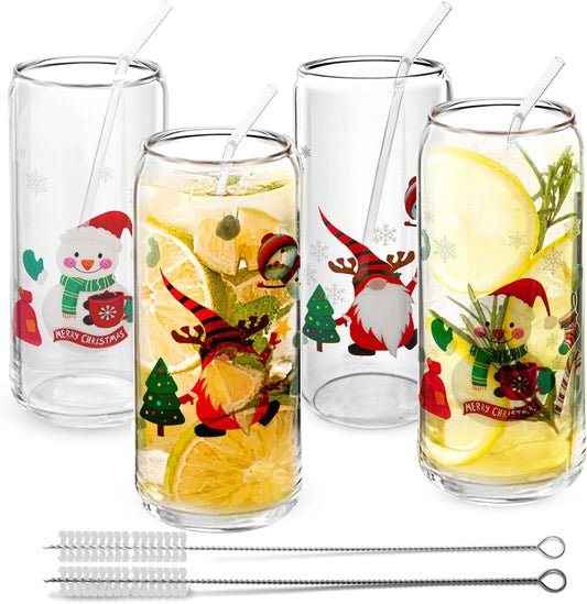 christmas glass cups set of 4 with straws