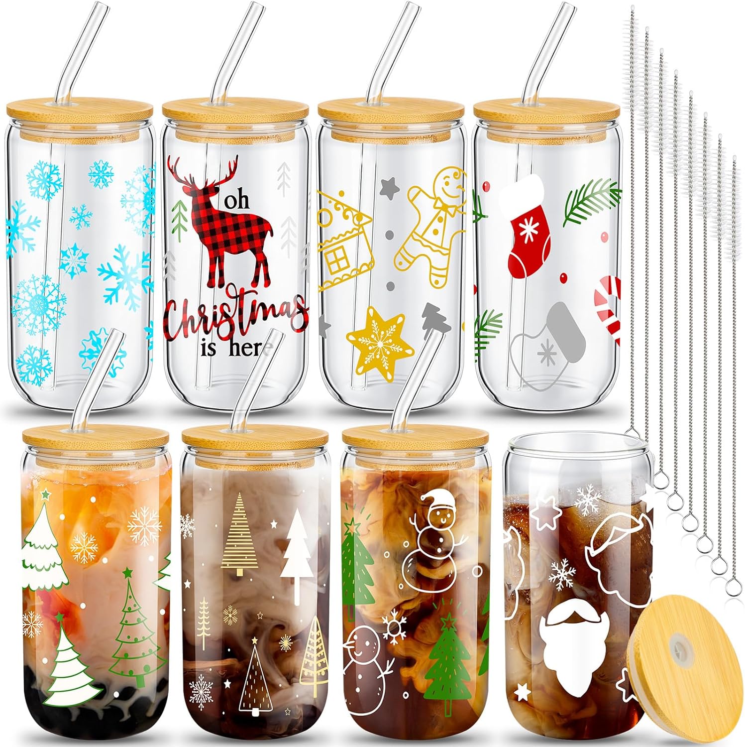 christmas glass tumbler set of 8 with lid and straw