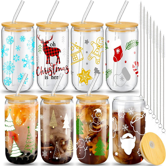 christmas glass tumbler set of 8 with lid and straw