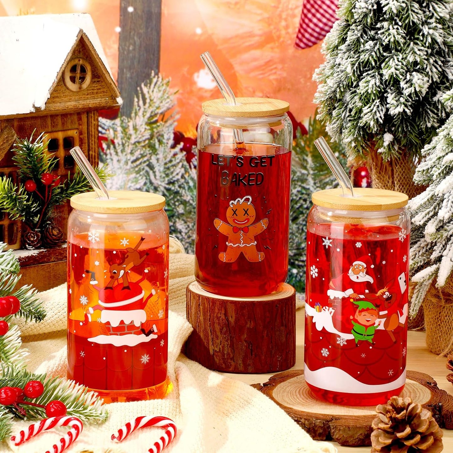 christmas glass tumbler with bamboo lid and straw