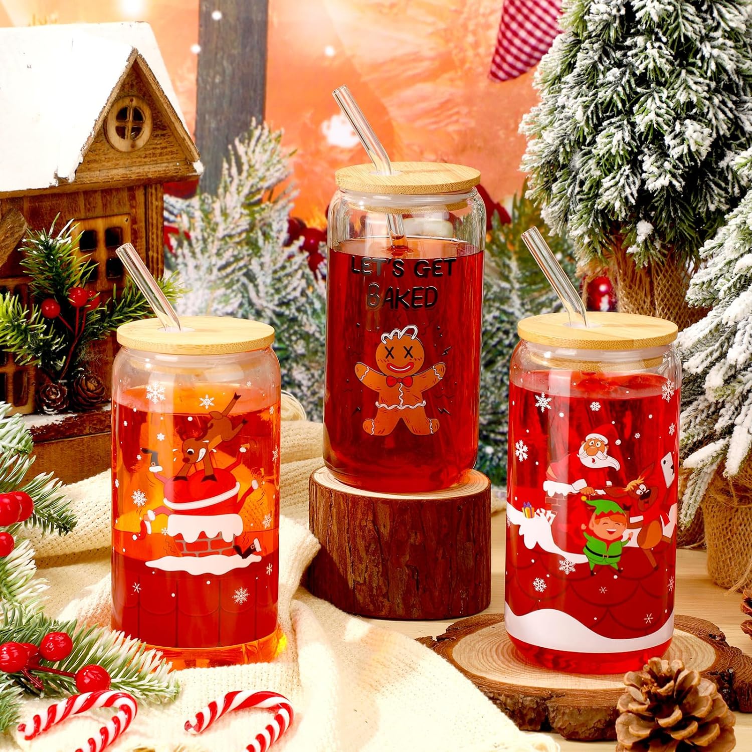 christmas glass tumbler with bamboo lid and straw