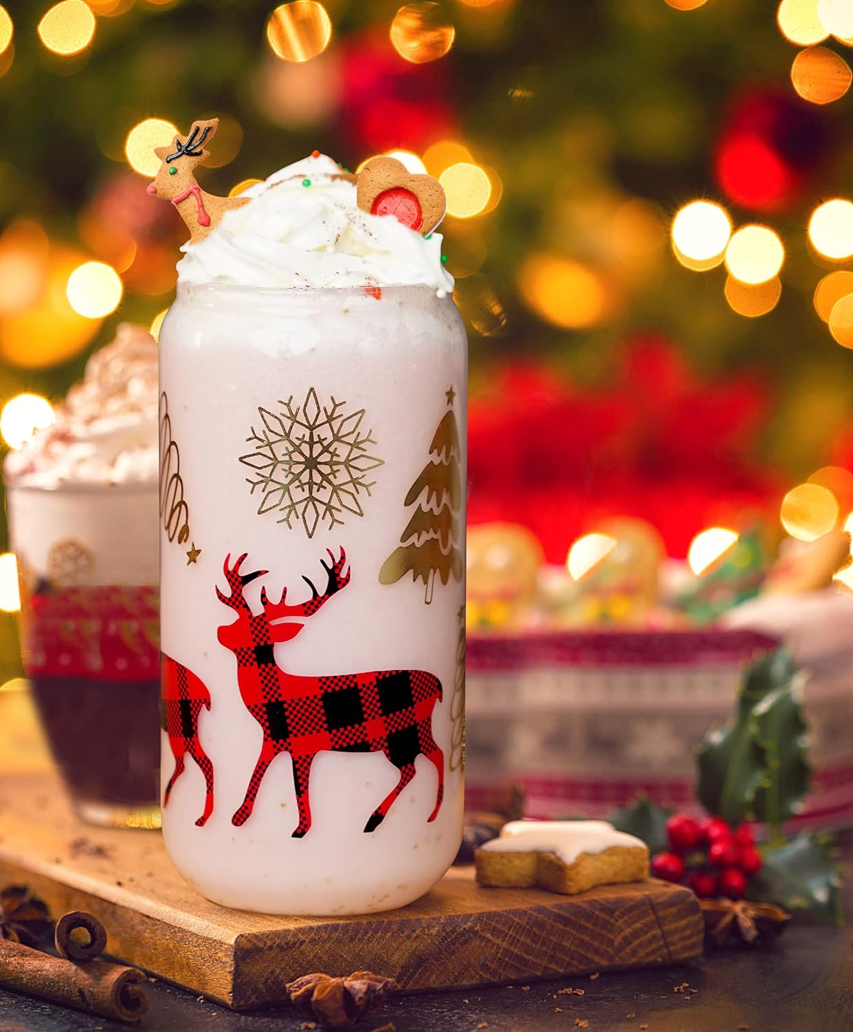 christmas tree glass tumbler with lid and straw