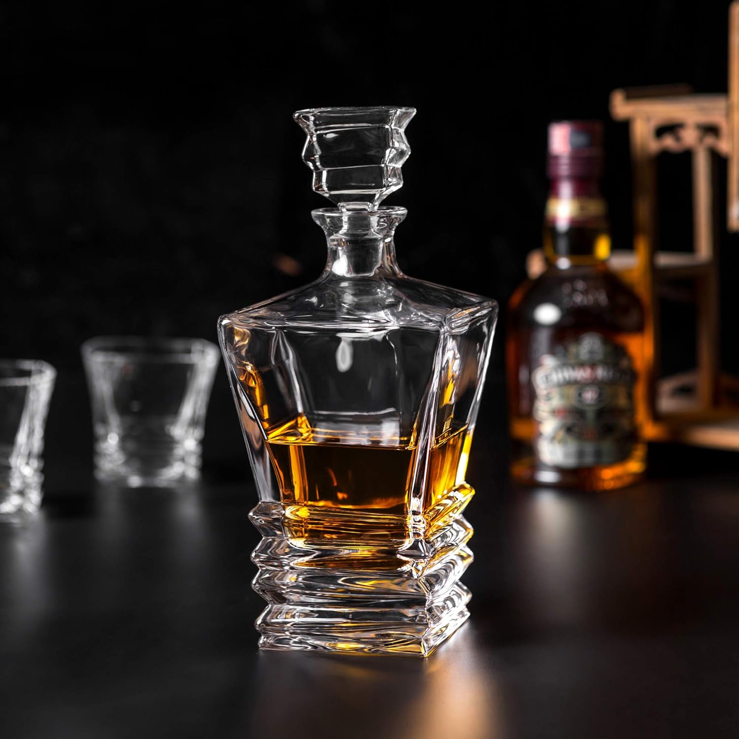 crystal decanter and 4 lowball whiskey glasses