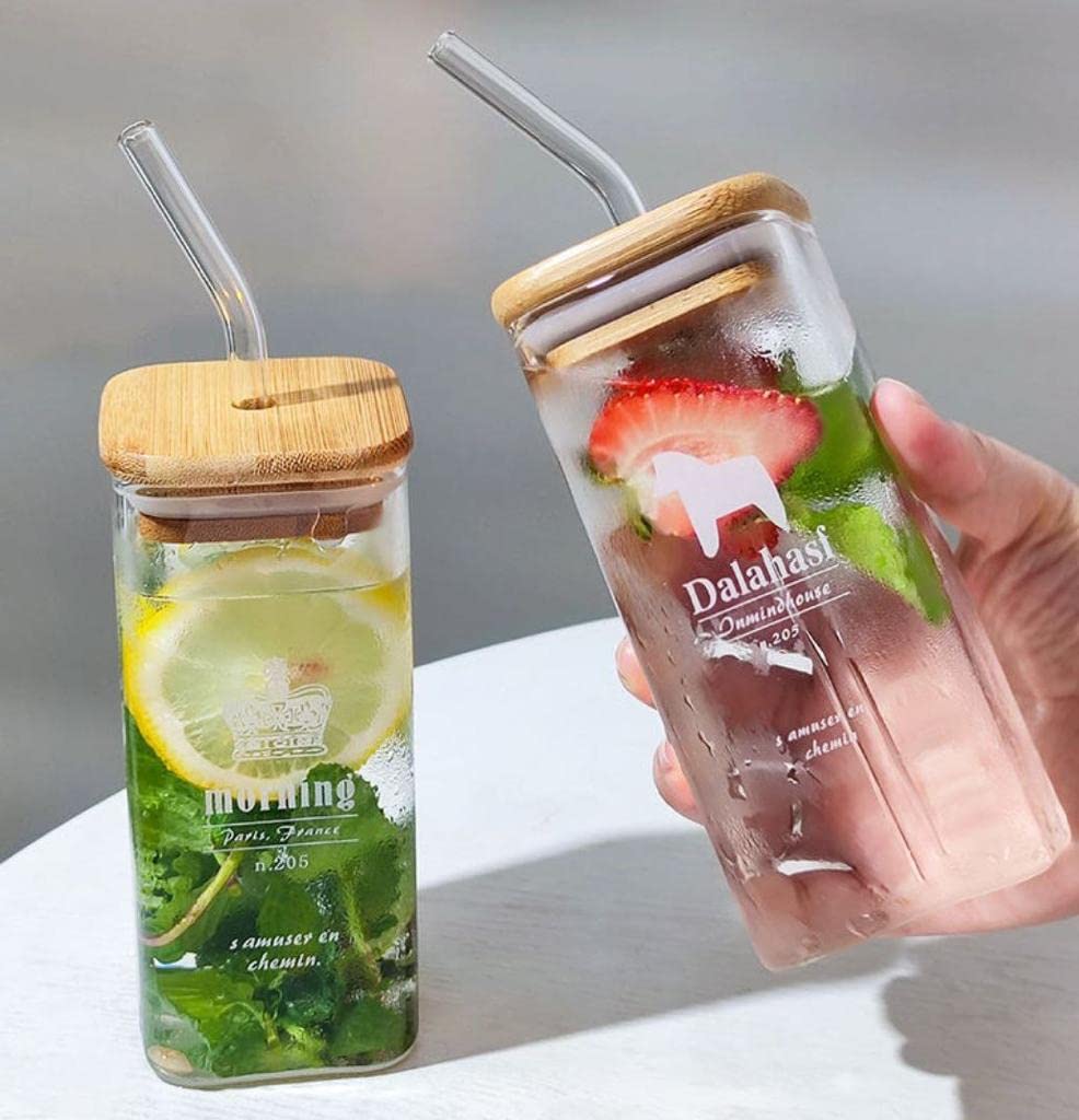 glass can sipper mug with wooden lid and straw