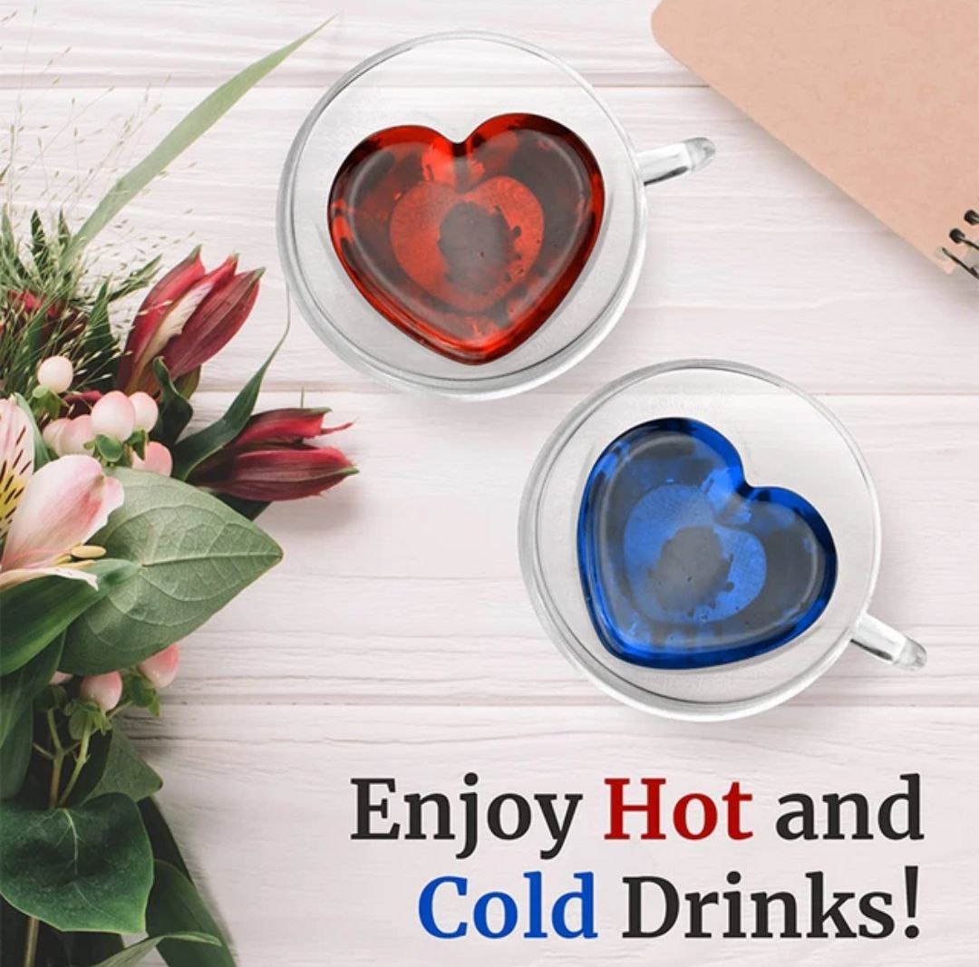 Heart Shaped Double Walled Insulated Glass Coffee Mugs or Tea Cups, Double Wall Glass 180ml - Clear, Unique & Insulated with Handle