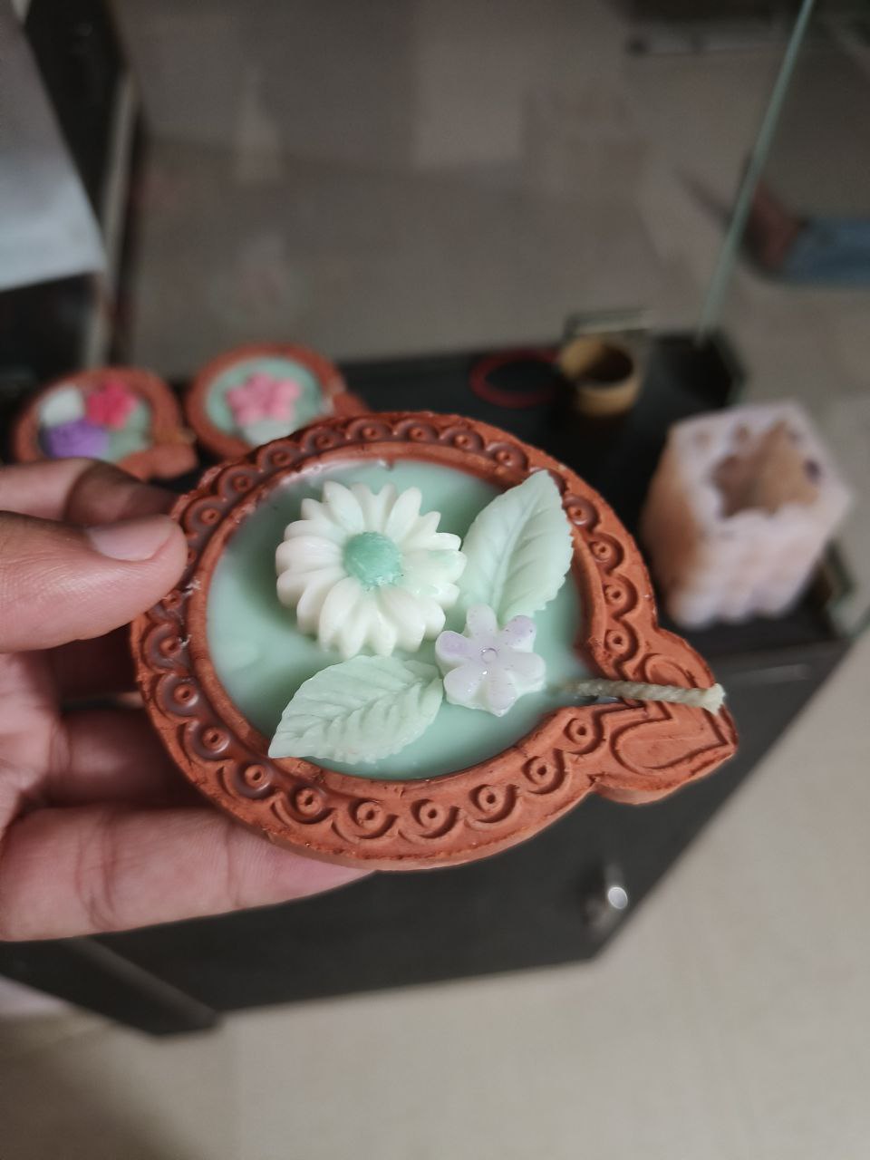 Handmade Floral Terracotta Diya Candle Set | Organic Soy Wax | Traditional Indian Festival Decor for Diwali | Scented Home & Spiritual Gift